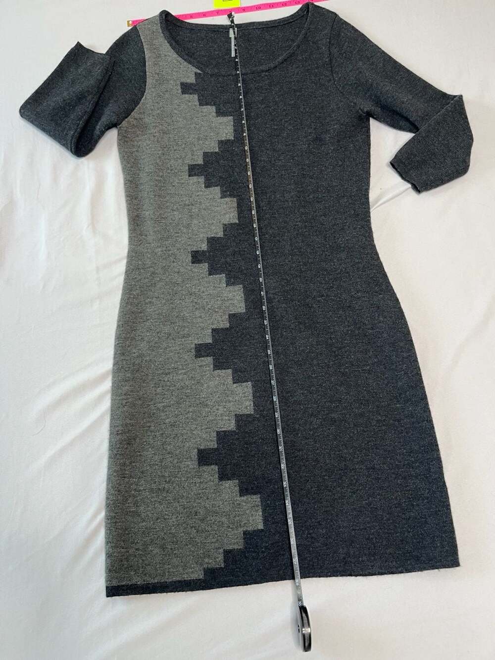 Gray Merino Wool Colorblock 3/4 Sleeve Sweater Dress Minimalist